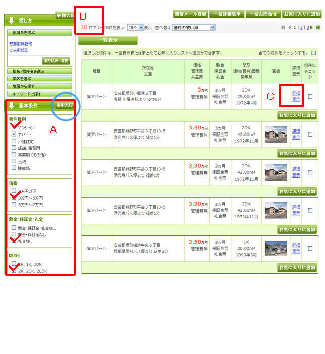イメージ解説4　物件一覧・条件指定